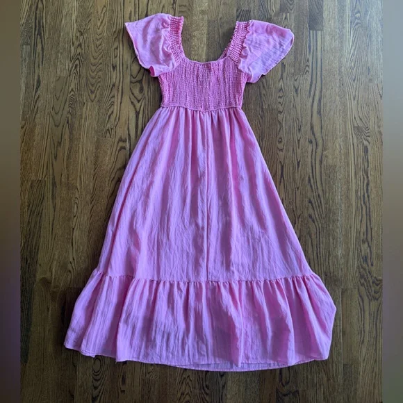 Pink linen v neck long Dress w/ flowy sleeves Medium ptp 14” 50” length - Picture 2 of 7